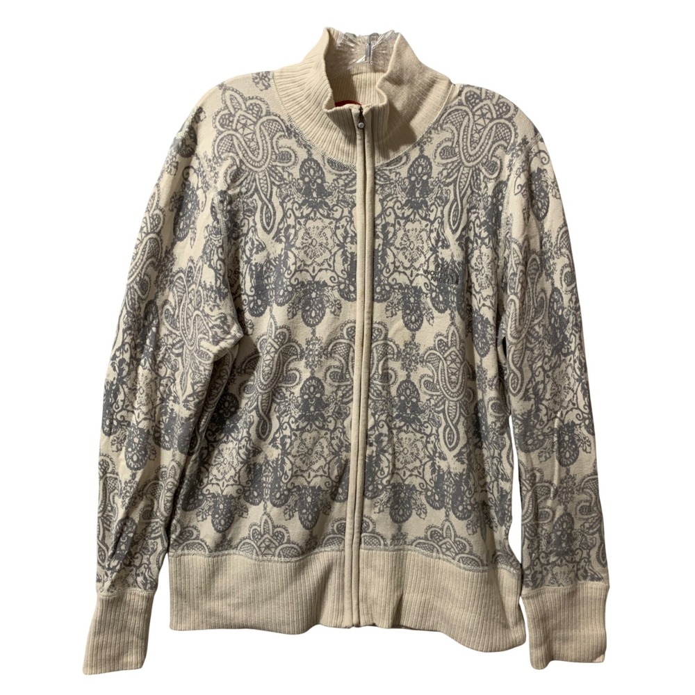 The North Face Womens XL Full Zip Sweater‎ Jacket Wool Blend Damask Cream Grey
